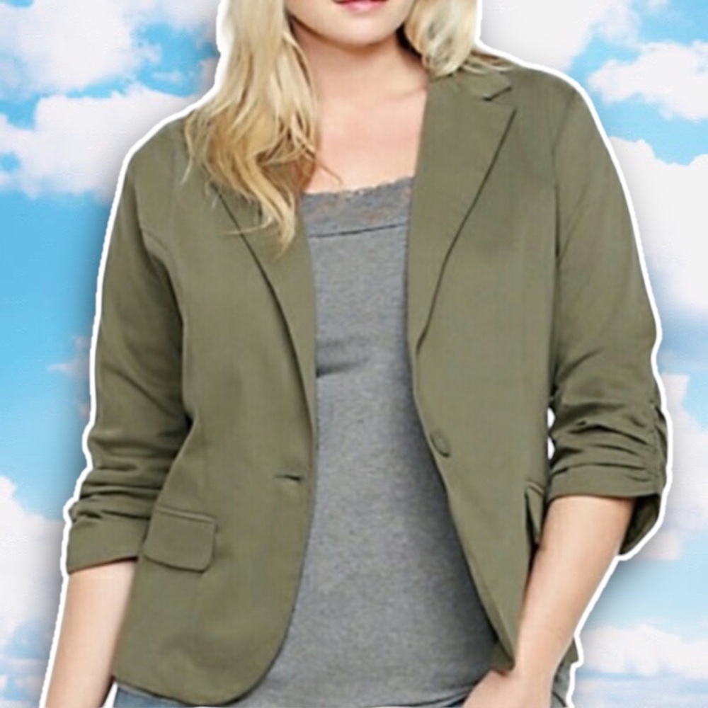 TORRID Stretch Ruched Sleeve Blazer Olive Green Plus Size Career Office Business